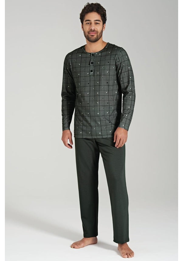 Men's Gray Grid Cotton Pajama Set by Pijadore 1685