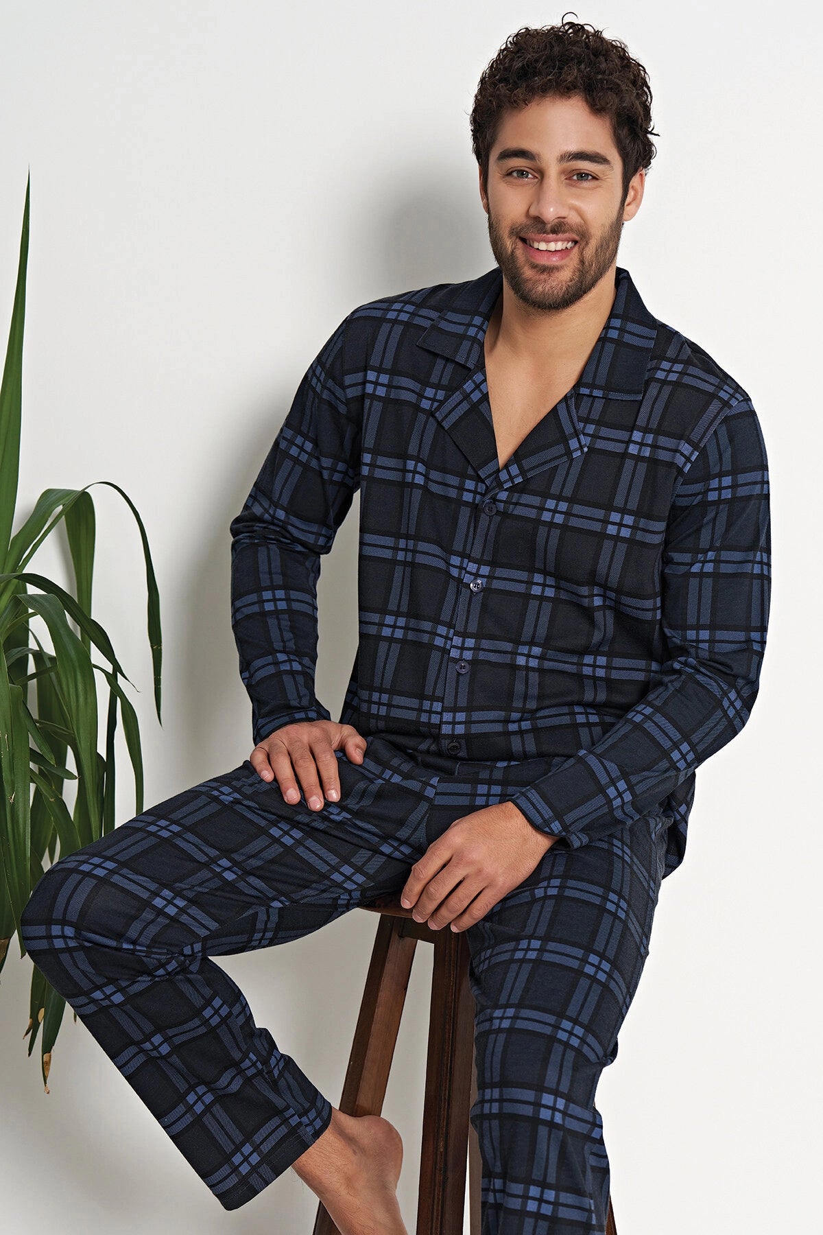 Men's Navy Green Plaid Cotton Blend Pyjama Set – Pijadore 1694