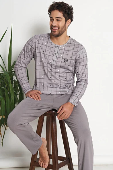 Men's Gray Grid Cotton Pajama Set by Pijadore 1685