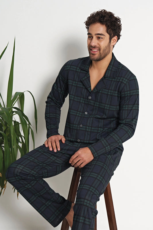Men's Navy Green Plaid Cotton Blend Pyjama Set – Pijadore 1694